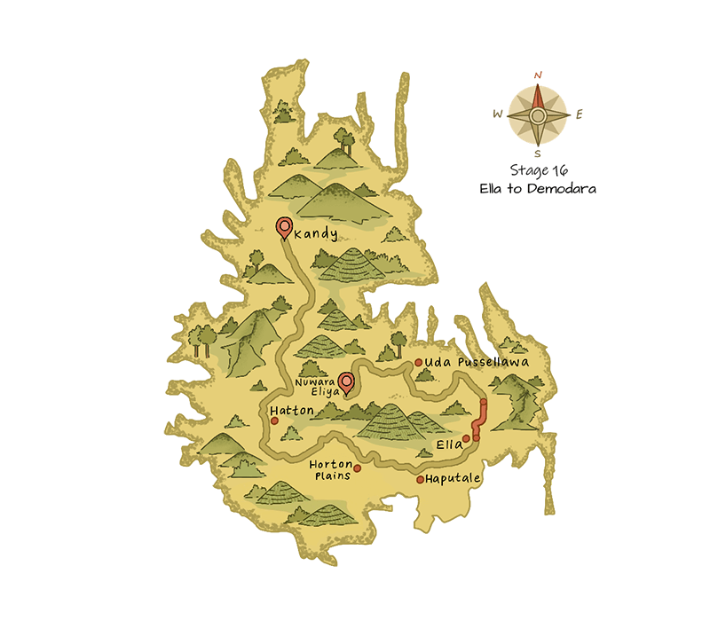 A Graphical Map of the Pekoe Trail Stage 16 in Sri Lanka: Ella to Demodara