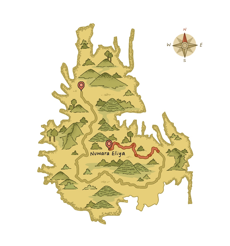 The map of the Pekoe Trail showcasing Stages 18 to 22 within the Nuwara Eliya region.