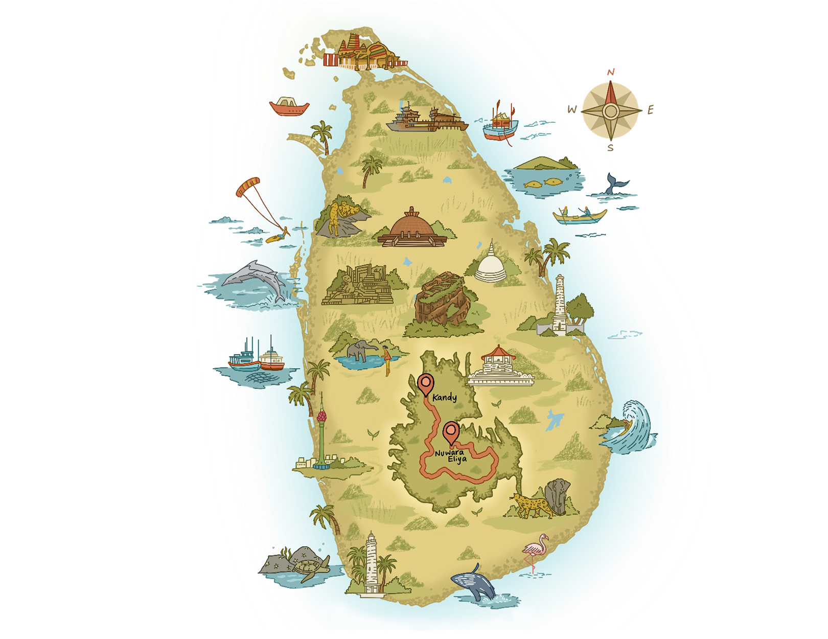 The hiking trail map for Nuwara Eliya to Kandy region from the Pekoe Trail.